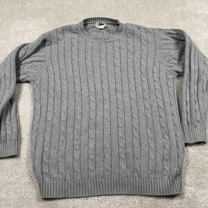 LL Bean Sweater Mens L Tall Gray Cotton Cable Knit Crewneck Pullover Classic
